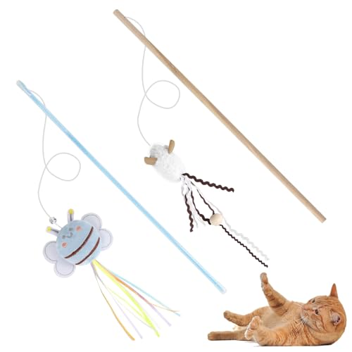 NOWFRESH Cat Wand Toy Set, 2 PCS Interactive Cat Teaser Wands with Cute Bee & Mouse Designs, Equipped with Bells and Streamers to Captivate Your Cat’s Attention - color: Bee and Mouse