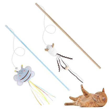 NOWFRESH Cat Wand Toy Set, 2 PCS Interactive Cat Teaser Wands with Cute Bee & Mouse Designs, Equipped with Bells and Streamers to Captivate Your Cat’s Attention - color: Bee and Mouse