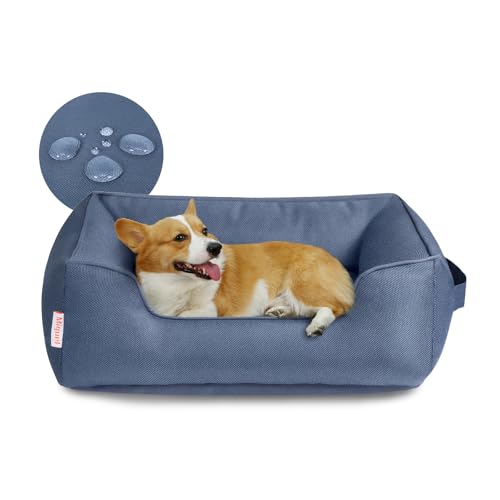 Miguel Waterproof Outdoor Dog Bed for Medium Small Dogs, Oxford Pet Bed Tough with Sides Easy Clean, All Weather Rectangle Puppy Bed with Removable Cover Bolster Bed Scratch Resistant, 30 inches - color: Navy Blue - Waterproof Oxford, size: L (30" x 24" x