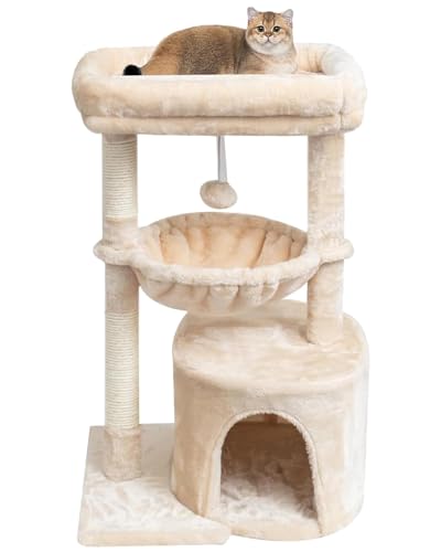 SYANDLVY Small Cat Tree for Indoor Cats, Kittens Condo with Scratching Post and Board, Modern Activity Tower with Cradle, Beige - color: Beige