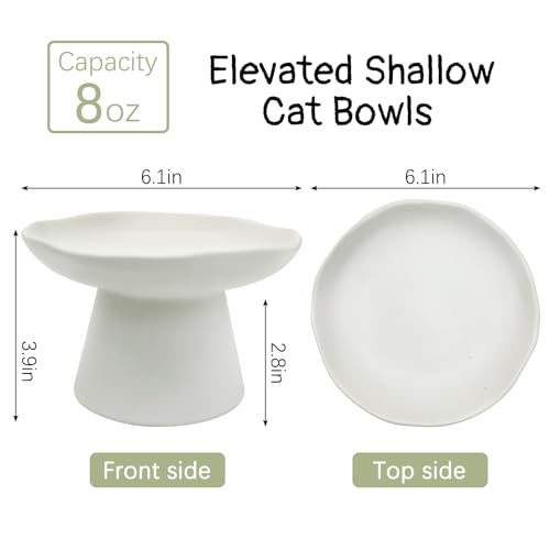 VCEPJH Raised Cat Food Bowls Shallow Cat Plate Ceramic Elevated Cats Dish 6.1in Flat Anti Whisker Fatigue Wide Pet Food & Water Feeder for Indoor Kitty Kitten (White) - color: white