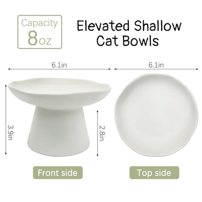VCEPJH Raised Cat Food Bowls Shallow Cat Plate Ceramic Elevated Cats Dish 6.1in Flat Anti Whisker Fatigue Wide Pet Food & Water Feeder for Indoor Kitty Kitten (White) - color: white
