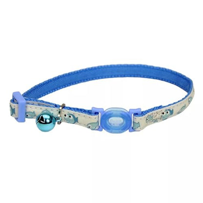 Coastal Pet - Safe Cat Glow in the Dark Adjustable Breakaway Collar - Glowing Blue Fish Print - 3/8” x 8"-12”