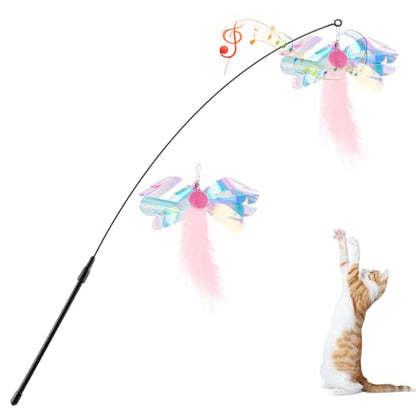 Pawaboo Feather Teaser Cat Toy, Interactive Feather Wand Cats Toy Flying Feathers Cat Catcher with Extra Long 34.5" Wand and Small Bell, Exerciser Playing Toys for Kitten or Cats, Pink Butterfly - color: Pink Butterfly