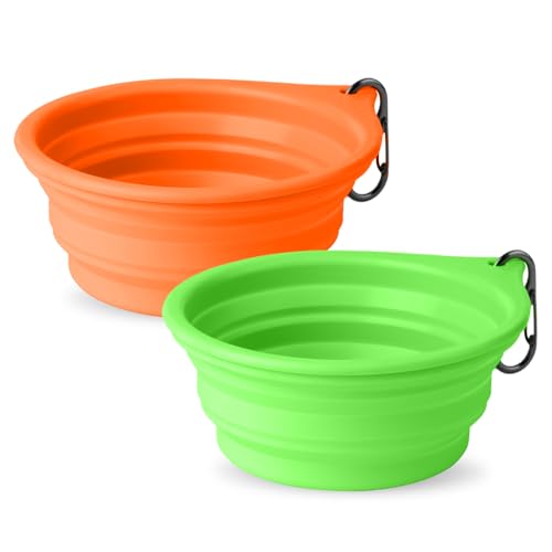Dog Bowl Travel Collapsible Bowls 2 Pack, Portable Foldable Cats Dogs Water Dish Puppy Bowl (Orange 172 + Fluorescent Green) - color: Orange + Green