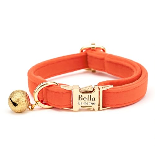 Custom Cat Collar with Bells Personalized Small Cat Collar Engraved Name & Phone Number with Secure Metal Quick-Release Buckle Adjustable (Coral) - color: Coral Orange