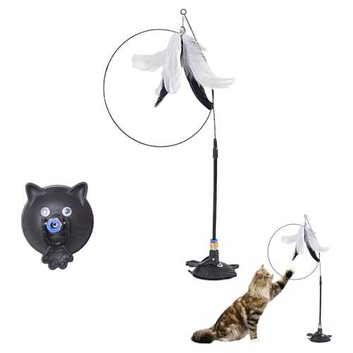 renvena Cat Exercise Toy Adjustable Feather Teaser Wand with Suction Cup Mental Stimulation for Indoor Pets Black One Size - color: Black