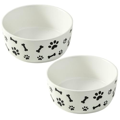 UBEE Ceramic Dog Bowl Set of 2, 6.5 inch Dog Food Bowl Dish with Bone Paw Pattern, Pet Food Water Dish Feeding for Small and Meidum Dogs and Large Cat, White - color: White-dog paw, size: 6.5 inch x 2