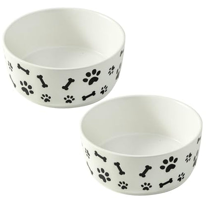 UBEE Ceramic Dog Bowl Set of 2, 6.5 inch Dog Food Bowl Dish with Bone Paw Pattern, Pet Food Water Dish Feeding for Small and Meidum Dogs and Large Cat, White - color: White-dog paw, size: 6.5 inch x 2