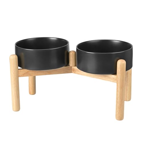 SPUNKYJUNKY Ceramics Elevated Dog Bowls with Wooden Stand Raised Dog Bowl for Medium Large Dog Food and Water Pet Feeding Bowl(Double 60OZ Bowls,Black) - color: Black(Double Bowls Set), size: Large - 7.6 CUPS