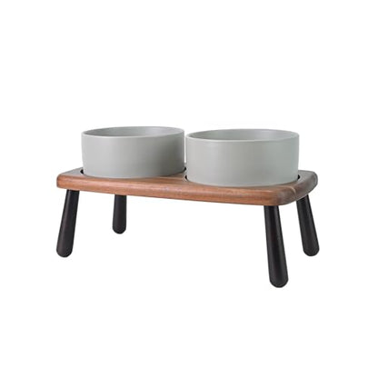 SPUNKYJUNKY Ceramic Elevated Dog Bowls Raised with Acacia Bamboo Wooden Stand, 6.1'' Dog and Cat Food Water Bowls Set Non-Slip for Small Medium Sized Breed Microwave Dishwasher Safe - 28.7 OZ,Grey - color: Grey, size: 6.1 in - Dual