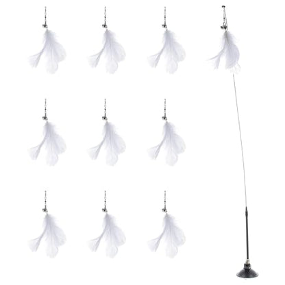 Cat Teaser Stick with Suction Base and Bell, 10pcs Interactive Feather Cat Wand Set with 10 Replacement Heads for Indoor Kitten Play and Exercise