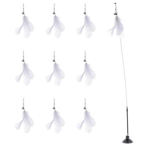 Cat Teaser Stick with Suction Base and Bell, 10pcs Interactive Feather Cat Wand Set with 10 Replacement Heads for Indoor Kitten Play and Exercise
