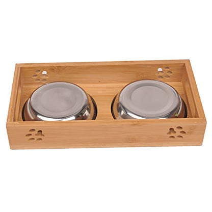Dog Feeding Mats Pet Cat Bowl Bear Bamboo Plate Double Natural Durable Safety Wood Stainless Steel Dog Utility