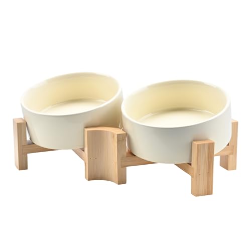 SPUNKYJUNKY 15° Slanted Ceramic Dog Bowl with Elevated Bamboo Stand - Tilted Pet Feeder for French Bulldog Pugs No Slip Anti-Vomiting for Cat Small Dog Flat Face Pets 13.5 OZ (1.7 Cups, Beige × 2) - color: Beige, size: 1.7 CUPS × 2