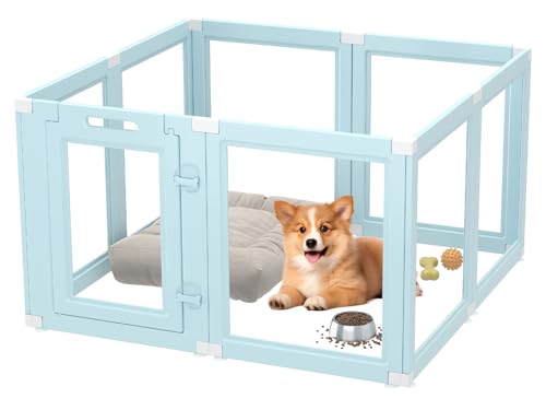 DIY Clear Acrylic Dog Playpen Indoor, Transparent Easy Cleansing Puppy Fence with Suction Cup, Easy-Assemble Indoor Whelping Crate for Small Puppies (23.6" H, 8PCS), Blue - color: Blue, style: 8PCS