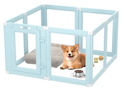 DIY Clear Acrylic Dog Playpen Indoor, Transparent Easy Cleansing Puppy Fence with Suction Cup, Easy-Assemble Indoor Whelping Crate for Small Puppies (23.6" H, 8PCS), Blue - color: Blue, style: 8PCS