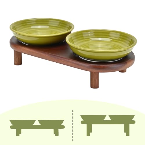 SPUNKYJUNKY Shallow Elevated Cat Bowl with Acacia Wood Stand Wide Raised Ceramic Cat Dishes Whisker Friendly Pet Food and Water Plates (Striped Pattern, Green) - color: Green