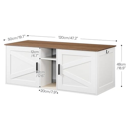 HOOBRO Double Litter Box Enclosure, Modern Cat Litter Box Furniture with Storage and Mat Design, Farmhouse Hidden Litter Box Enclosure with 2 Hooks, White and Walnut WH23MW01 - color: White + Walnut