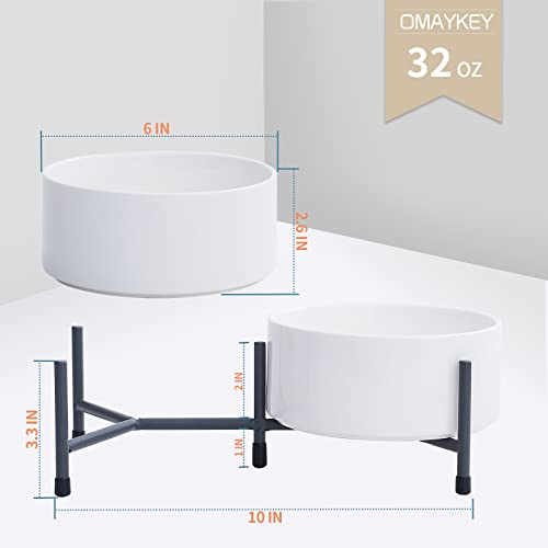 32 oz Ceramic Dog Cat Bowl Set of 2 with Elevated Metal Stand - 6 Inch Ceramic Round Pet Food and Water Feeder Bowl Dish for Cats & Dogs - White