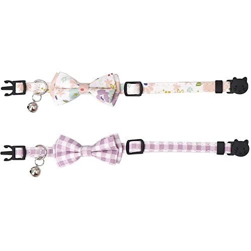 2 Pack/Set Cat Collar Breakaway with Cute Bow Tie and Bell Plaid Flower for Kitty Adjustable Safety - color: Purple