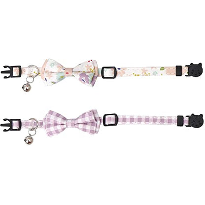 2 Pack/Set Cat Collar Breakaway with Cute Bow Tie and Bell Plaid Flower for Kitty Adjustable Safety - color: Purple