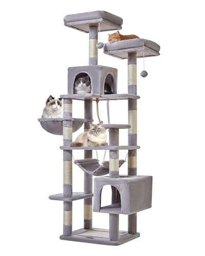 Taoqimiao Cat Tree, 71-Inch Cat Tree Cat Tower for Indoor Cats, Plush Multi-Level Cat Condo with 10 Scratching Posts, 2 Perches,Basket, 2 Caves,Hammock, 2 Pompoms,MS020W Light Gray - color: Light Gray, size: 71IN