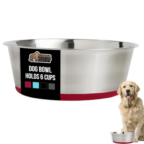 GORILLA GRIP Dog Bowl, Holds 6 Cups (48 fl oz), Food Grade 304 Stainless Steel Food and Water Bowl for Feeding Dogs and Cats, BPA Free Rubber Base, Easy Clean, Dishwasher Safe, Rust Resistant, Red - color: Red, size: 6 Cup (48 Oz)