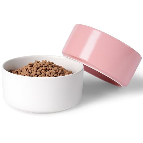 Dog Bowls, Non Slip Ceramic Dog Food and Water Bowl with Silicone Base, Heavy Pet Feeding Bowl for Puppies, Small and Medium Dogs (White+Pink, 6 Inches) - color: White+Pink, size: 6 Inches