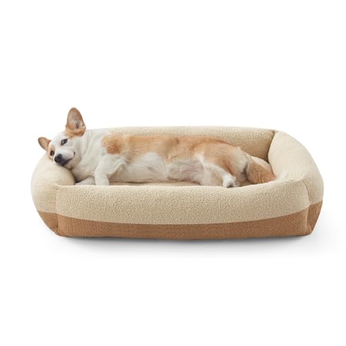 Washable Dog Bed Medium Size Dogs, Rectangle Comfy Fluffy Small Dog Bed, Removable Zipper Cover Machine Wash, Orthopedic Bed Durable Pet Cuddler with Anti-Slip Bottom, 25x21x7 in, Beige - color: Beige, size: M(25''x21''x7'')