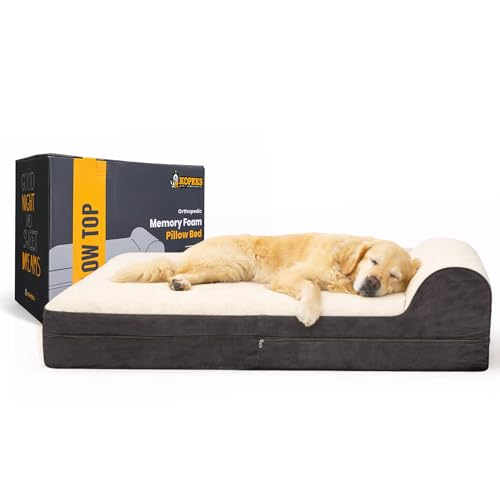KOPEKS Jumbo Orthopedic Dog Bed - 7-inch Thick Memory Foam Pet Bed with Pillow with Removable Cover & Free Waterproof Liner - for Large Breed Dogs, XL, Brown-Plush Top - color: Brown-Plush Top