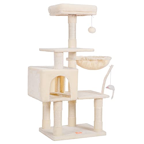Heybly Cat Tree with Toy, Cat Tower condo for Indoor Cats, Cat House with Padded Plush Perch, Cozy Hammock and Sisal Scratching Posts, Beige HCT004M - color: Beige, size: 50.4 inch