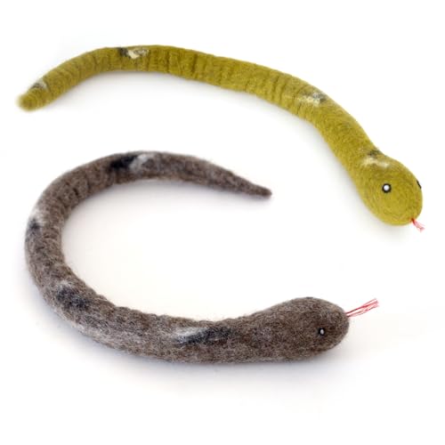 Glaciart One Felt Cat Snake Toy – Soft Fuzzy Enrichment 100% Natural Wool - Interactive Catnip Play Cat Toy Set - Safe for Pets, Non-AZO Colored Dyes - 18” Long - color: Snakes