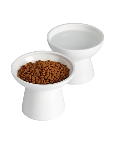 LoeJan Elevated Cat Food and Water Bowls Set, Extra Wide and Raised Ceramic Feeder, Anti-Vomit Whisker-Free Pressure Feeding Bowl for Kittens Adult Small Dogs - color: White, size: 2 Pack (Food & Water Bowls)