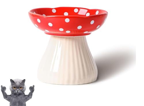 Mushroom Cat Bowl,Whisker Fatigue Cat Bowl,Cute Cat Bowls,Elevated Cat Food Bowl, Lead & Cadmium Free Ceramic Cat Bowls for Food and Water. (Red) - color: Red