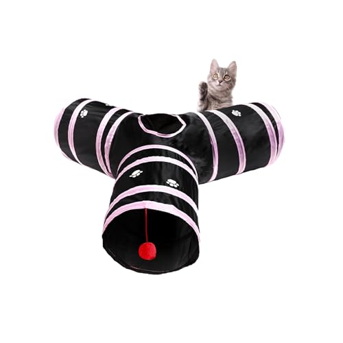 3 Way Cat Tunnel Collapsible Fun Pet Play Tube Toys for Cats, Kittens, Puppies & Rabbits - Portable Tunnel with Hanging Ball for Indoor Play, Hideout & Exercise - color: Pink Black