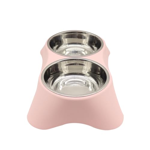 Double Dog Bowl, Stainless Steel Double Bowl, Anti-Slip, Anti-Spill and Removable(Pink-Medium)