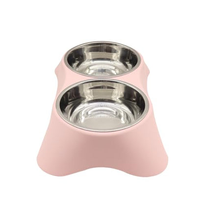 Double Dog Bowl, Stainless Steel Double Bowl, Anti-Slip, Anti-Spill and Removable(Pink-Medium)
