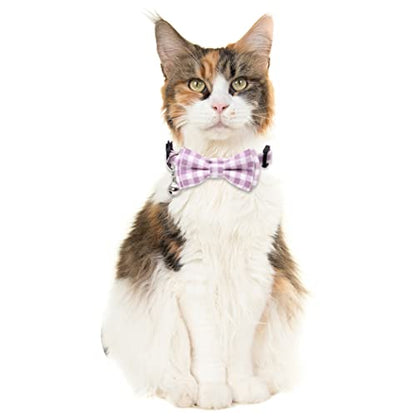 2 Pack/Set Cat Collar Breakaway with Cute Bow Tie and Bell Plaid Flower for Kitty Adjustable Safety - color: Purple