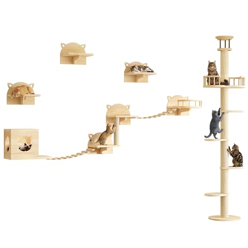 Floor to Ceiling Cat Tree, 22-in-1 Cat Wall Shelves with Multi-Level Cat Tower, Wood Cat Climbing Wall Systems for Indoor Cats, with Condo & Scratching Post, Cat Furniture Height (95-110")