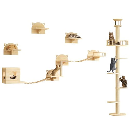 Floor to Ceiling Cat Tree, 22-in-1 Cat Wall Shelves with Multi-Level Cat Tower, Wood Cat Climbing Wall Systems for Indoor Cats, with Condo & Scratching Post, Cat Furniture Height (95-110")