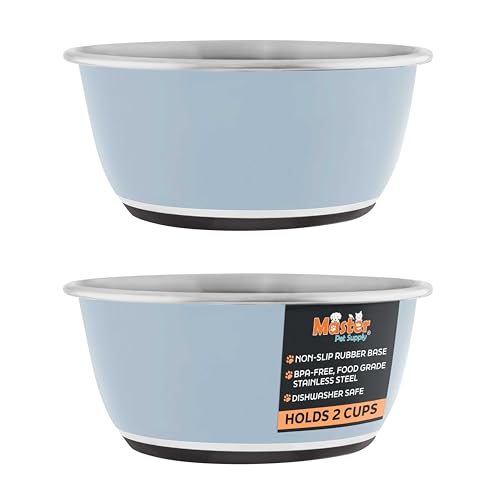 Master Pet Supply Stainless Steel Dog Bowls Set of 2 (16 Oz Each) with Non-Slip Rubber Base - Glacier Blue - Basic Dog Food Bowl Water & Food Bowls for Small Medium Large Dogs & Cats, Metal Dish - color: Glacier Blue, size: 2 Cups (16 oz) 2 Pack