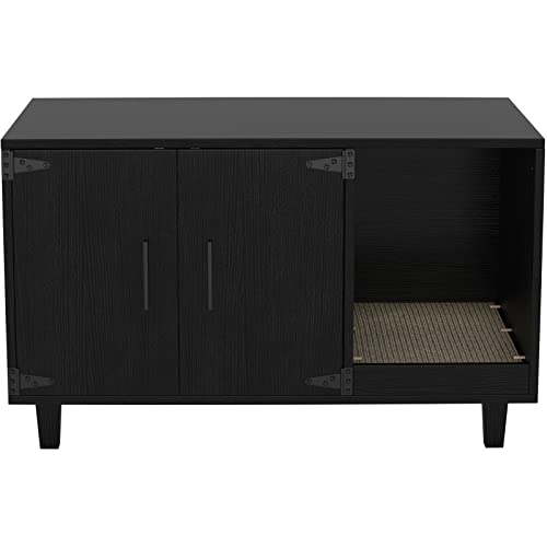 GDLF Modern Wood Pet Crate Cat Washroom Hidden Litter Box Enclosure Furniture House as Table Nightstand with Scratch Pad,Stackable (Black) - color: Black