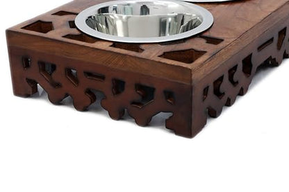 Elevated Pet Feeder for Dogs and Cats - Hand Carved Wood Bones Raised Dog Bowl Stand - Pet Feeding Stand with Two Steel Bowls - Raised Dog Bowl for Food Water - Pet Feeding Station -17x11x4- IRONGATE - color: Bone Bistro Carved - Wood