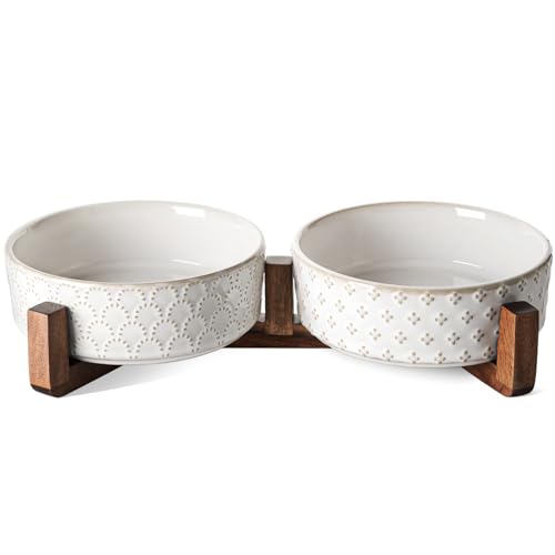 LE TAUCI Dog Bowl Set with Acacia Wood Stand - 1.5-Cup Ceramic Puppy Bowls for Small Dogs, Dual Food and Water Bowls with Weighted Non-Slip Base - color: Fireworks+Clover, size: S-1.5 Cup