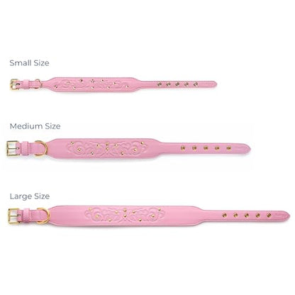 Blueberry Pet Premium Embossed Pink Glam Silver-Powered Freshness Microfiber Leather Dog Collar with Gold Studs - color: Pink, size: Small