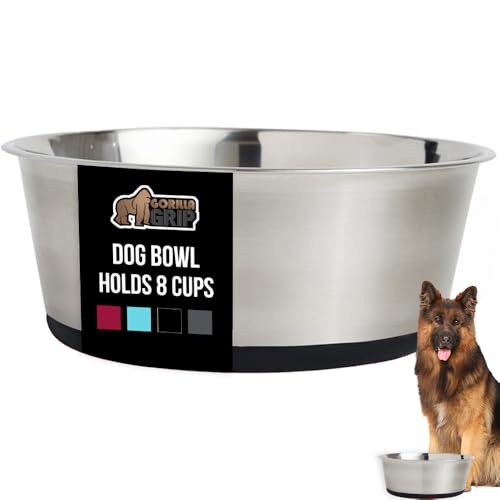GORILLA GRIP Dog Bowl, Holds 8 Cups (64 fl oz), Food Grade 304 Stainless Steel Food and Water Bowl for Feeding Dogs and Cats, BPA Free Rubber Base, Easy Clean, Dishwasher Safe, Rust Resistant, Black - color: Black, size: 8 Cup (64 Oz)
