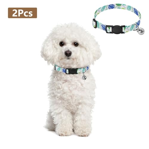 Tropical Leaves Colorful Dog Bell Collar 2 Pack Cats Collar Adjustable Length 10.6" to 17.1" - color: Tropical Leaves Colorful