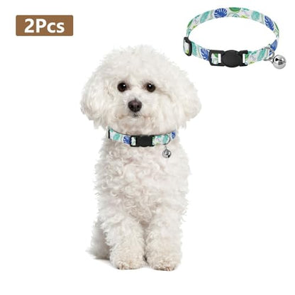 Tropical Leaves Colorful Dog Bell Collar 2 Pack Cats Collar Adjustable Length 10.6" to 17.1" - color: Tropical Leaves Colorful