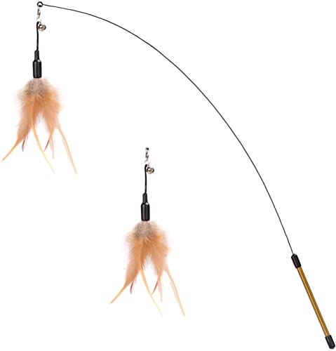 Pawaboo Feather Teaser Cat Toy - Interactive Wand with Extra Long 34.5" Wand and Small Bell, Fun Exerciser Playing Toy for Kittens or Cats, Brown Feather - color: A-Brown